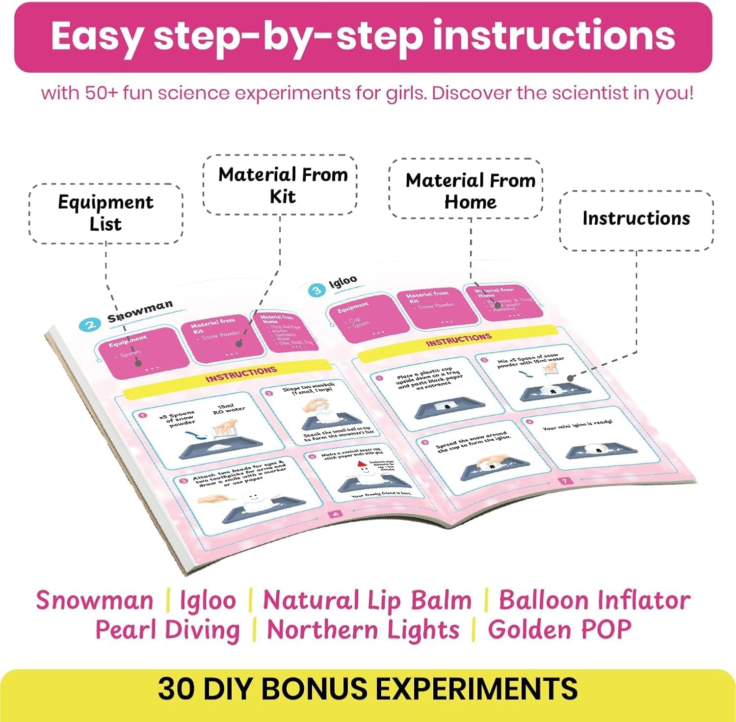 50+ Experiments Science Kit for Girls, Includes DIY Nail Art, Personalised Jewellery, Lip Balm, Frozen Wonderland | Birthday Gift for Girls, Educational Toy for Kids - Curious Junior