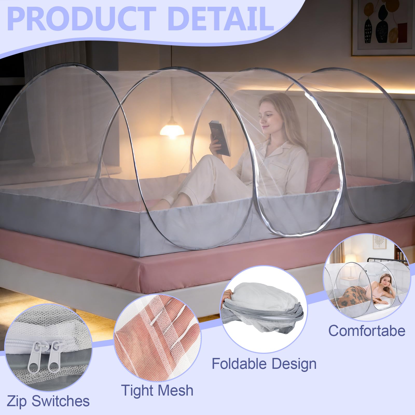 BigKing Mosquitera de Viaje, Ajustable, emergente mosquitera, portátil, Plegable, para Cama Individual con Cremallera, perfectablanco y Negro para dormitorios, Viajes o Camping (B)