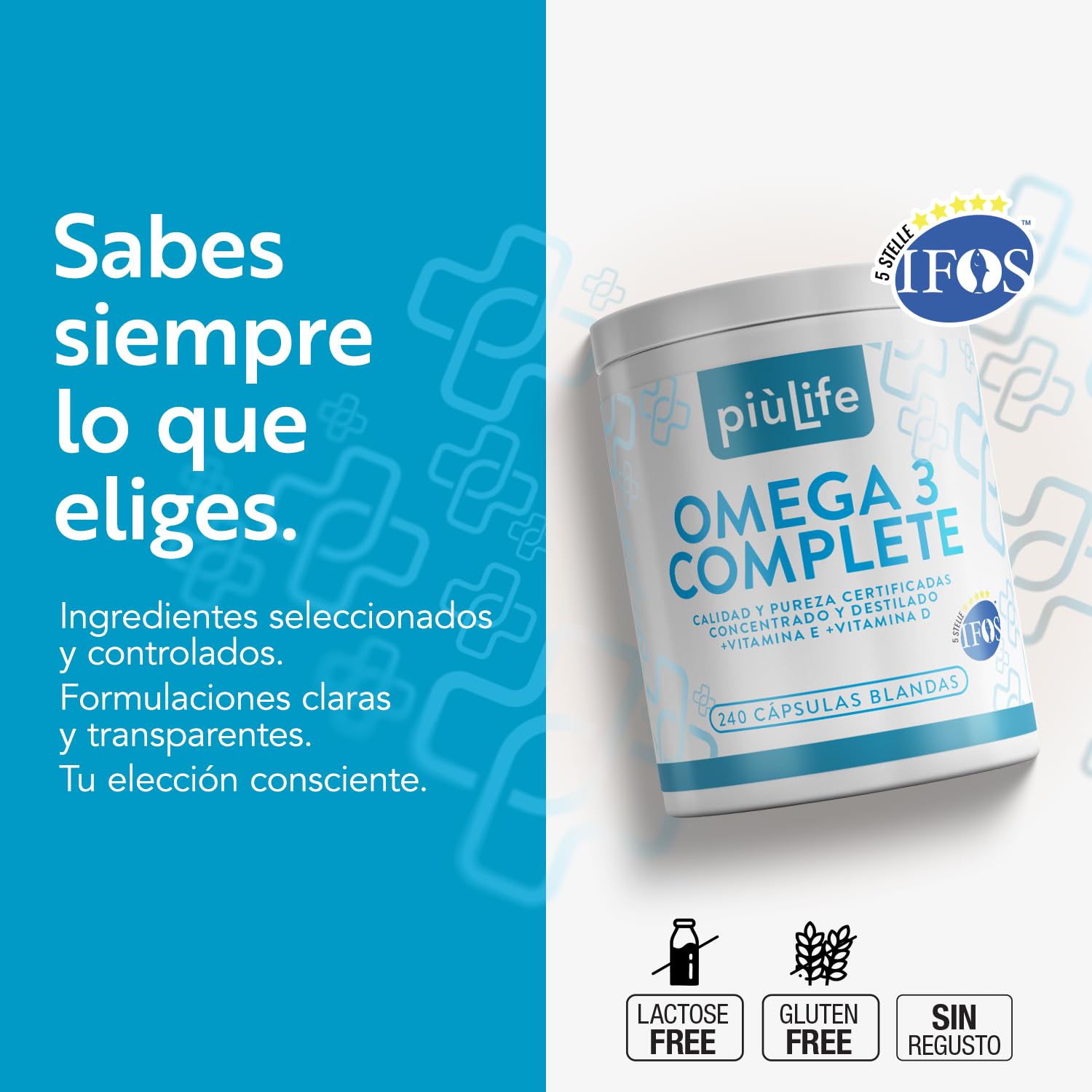 Omega 3 IFOS Certificado Con Vitamina D3 2000 UI PiùLife, 240 Omega 3 Capsulas Blandas, Aceite De Pescado 2000mg Epa Y 1000mg Dha Por Dosis, Fish Oil Triglicéridos, Corazón, Vista, Huesos Y Cerebro