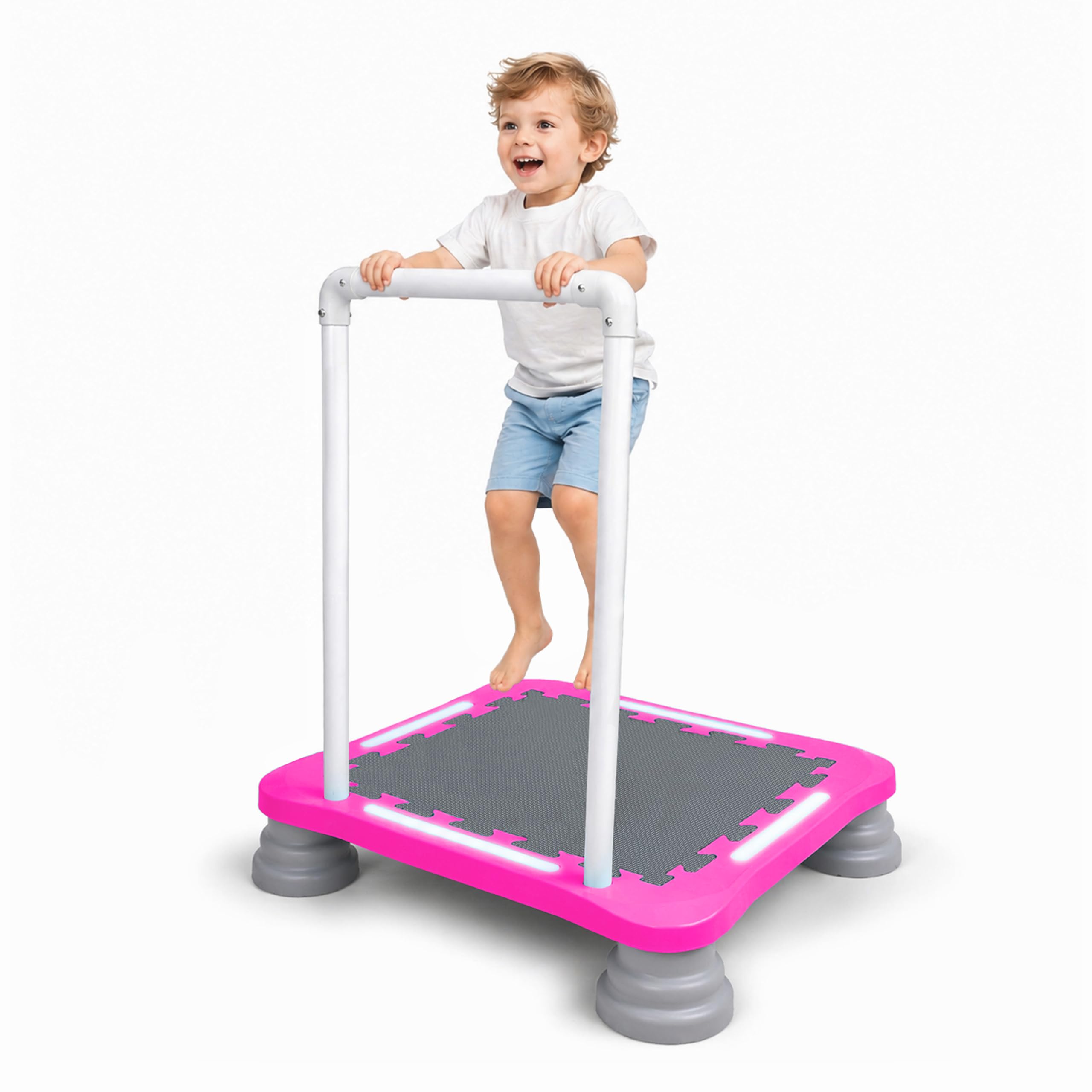 Kids Trampoline, Sensory Toddler Trampoline w/Lights, Music, Handrail,Pink