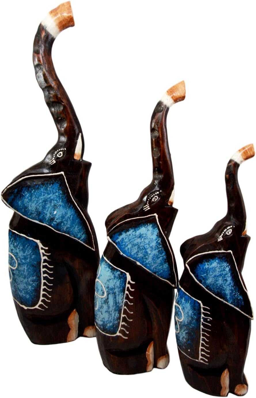 BALIKRAFT Hand Made Wood Artisans Gajah Rimba Large Javanese Abstract Blue Elephant Desktop Figurine Set 20.5" H