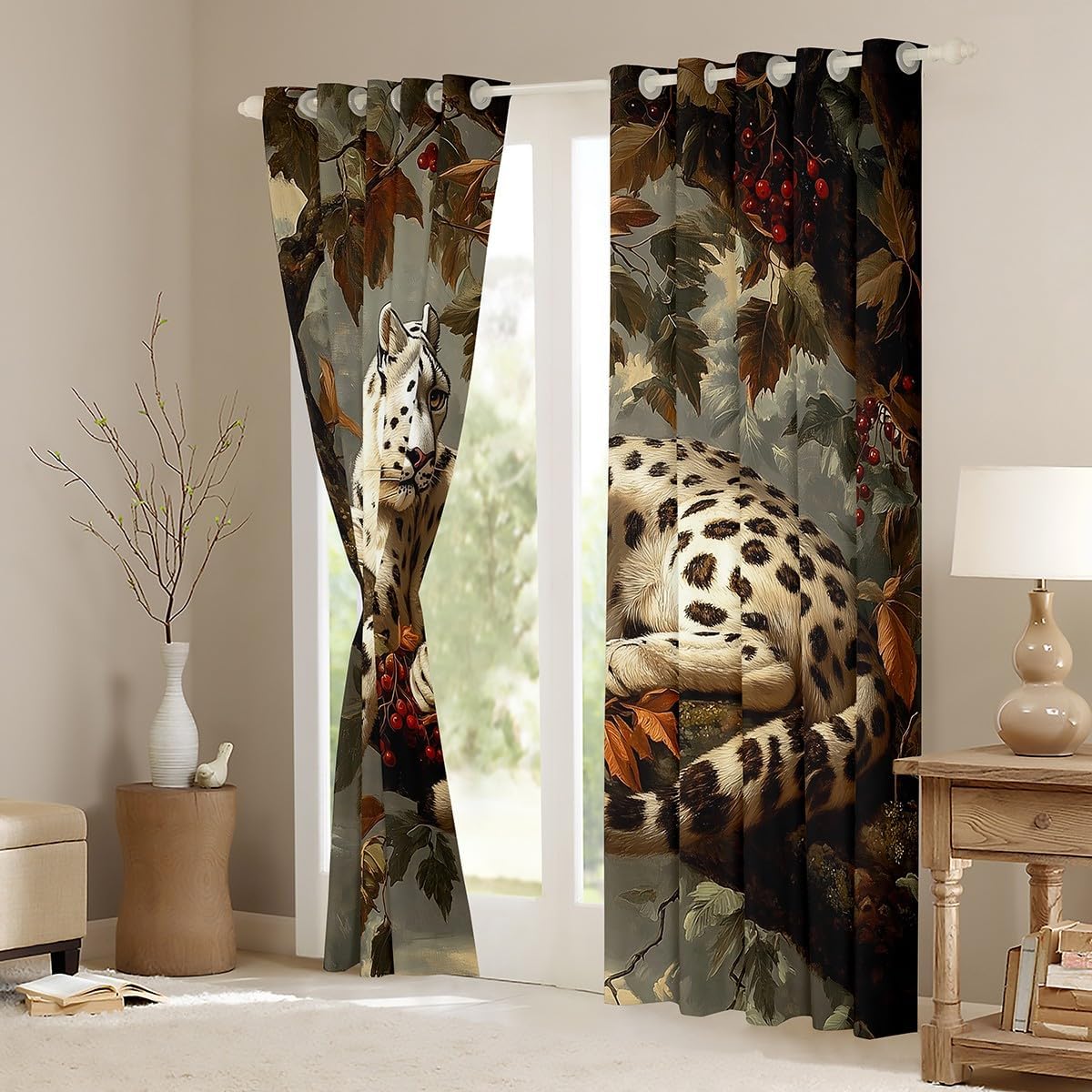 White Brown Leopard Window Curtain,Tropical Berry Fruits Leaves Tree Curtains for Kids Teens Adult Room Decor,Wild Animals Plants Window Treatment Curtain Watercolor Retro Window Drapes,38Wx45L