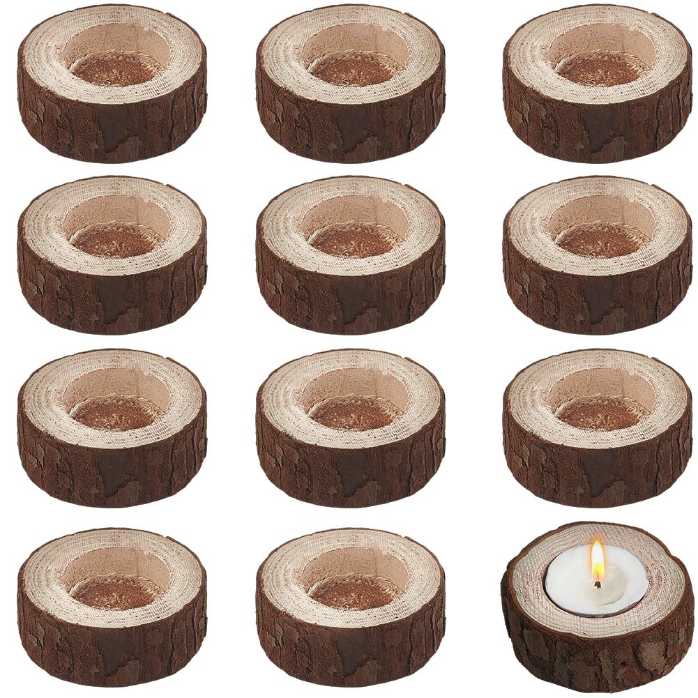 SOFPLATE Set of 12 Wooden Tea Light Candle Holders Rustic Natural Wood Votive Holders Bulk Farmhouse Candle Stands for Wedding Party Holiday Table Centerpieces Home Decoration Inner Diameter of 40mm
