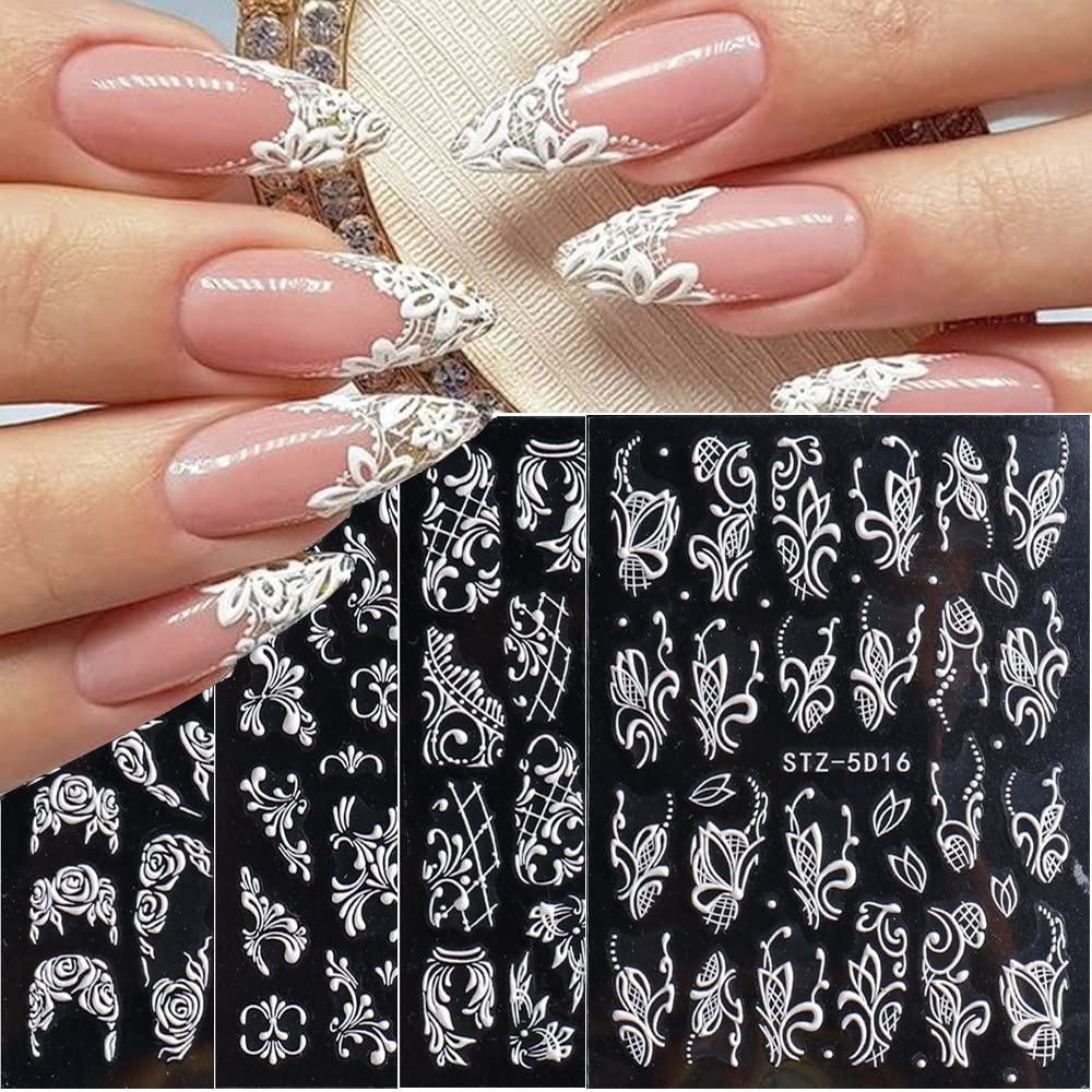 Amazon.com: Lace Flower Nail Art Stickers Decals 5D Embossed French White  Roses Pattern Nail Art Supplies Self-Adhesive Nail Art Accessories  Decoration Acrylic Engraved Sliders Flower Nail Decals for Women Girl :  Beauty