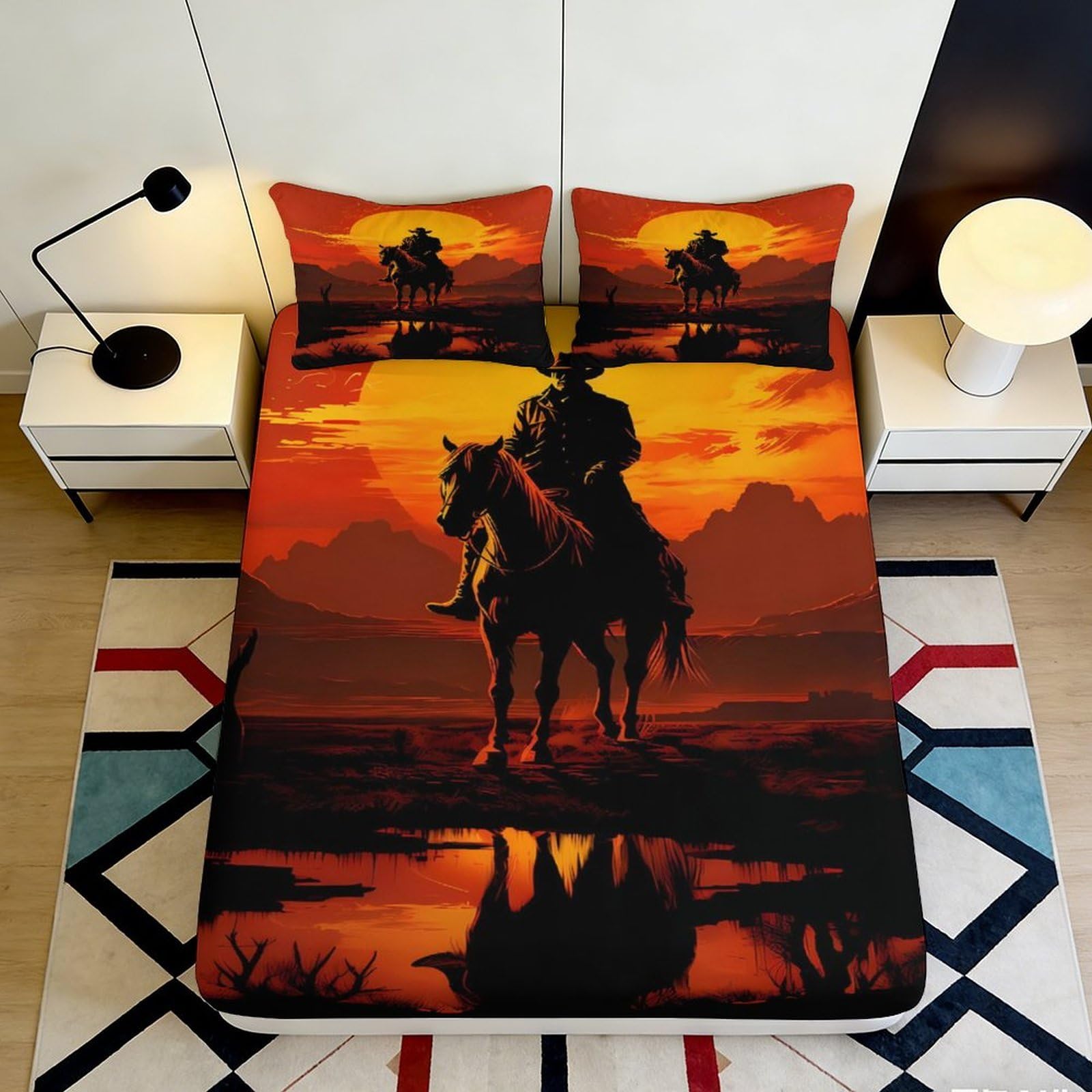 3D Printed Cowboy Sunset Fitted Sheet Microfiber Soft Anti-Slip Western Horse Bed Cover for Bedroom Guest Room Decor 200x200x25cm