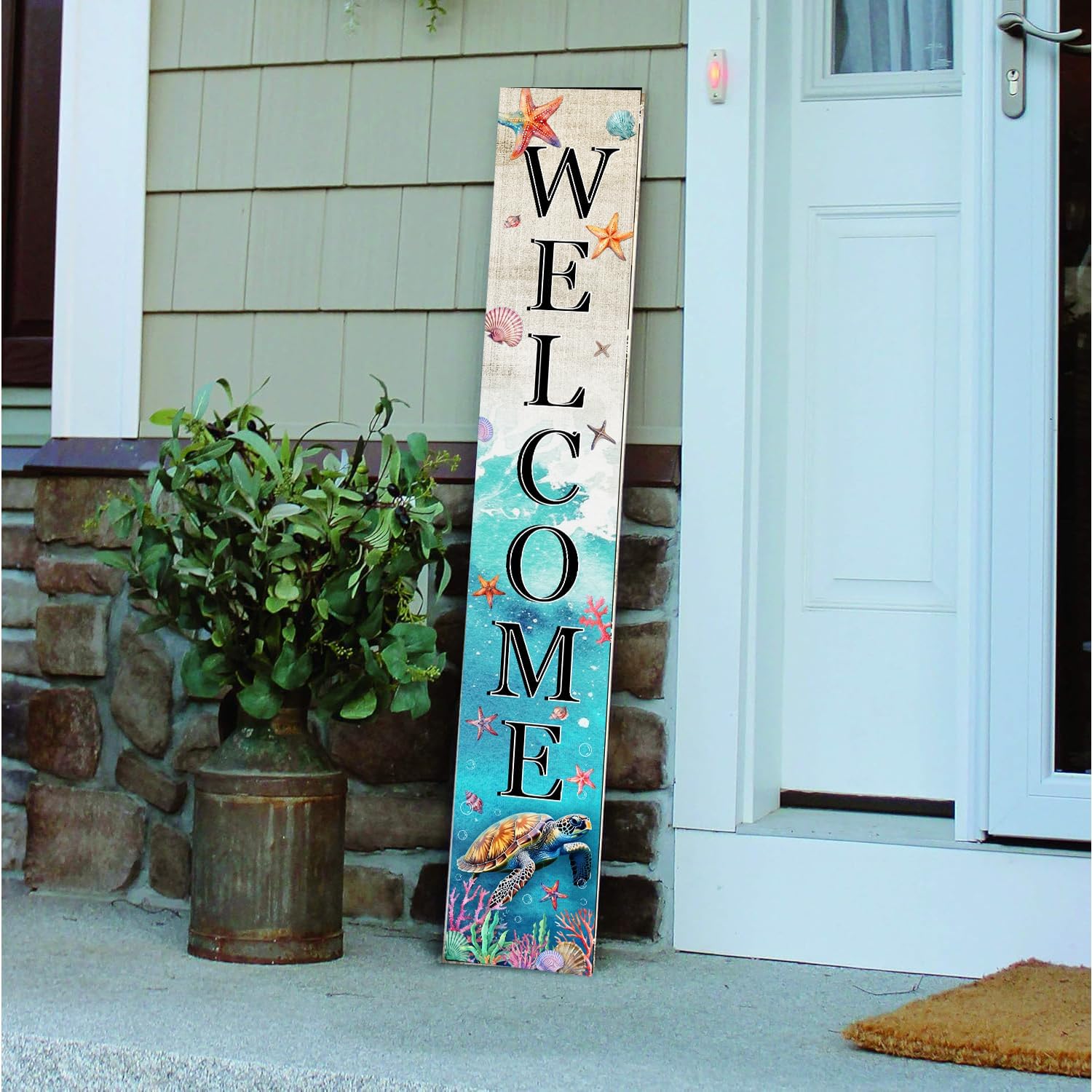 Sea Turtle Welcome Sign for Front Door, Beach Outdoor Porch Sign Home Decorations Standing Yard Sign Seasonal Wood Door Sign for Garden Tall Summer Welcome Vertical Signs for Patio Wall
