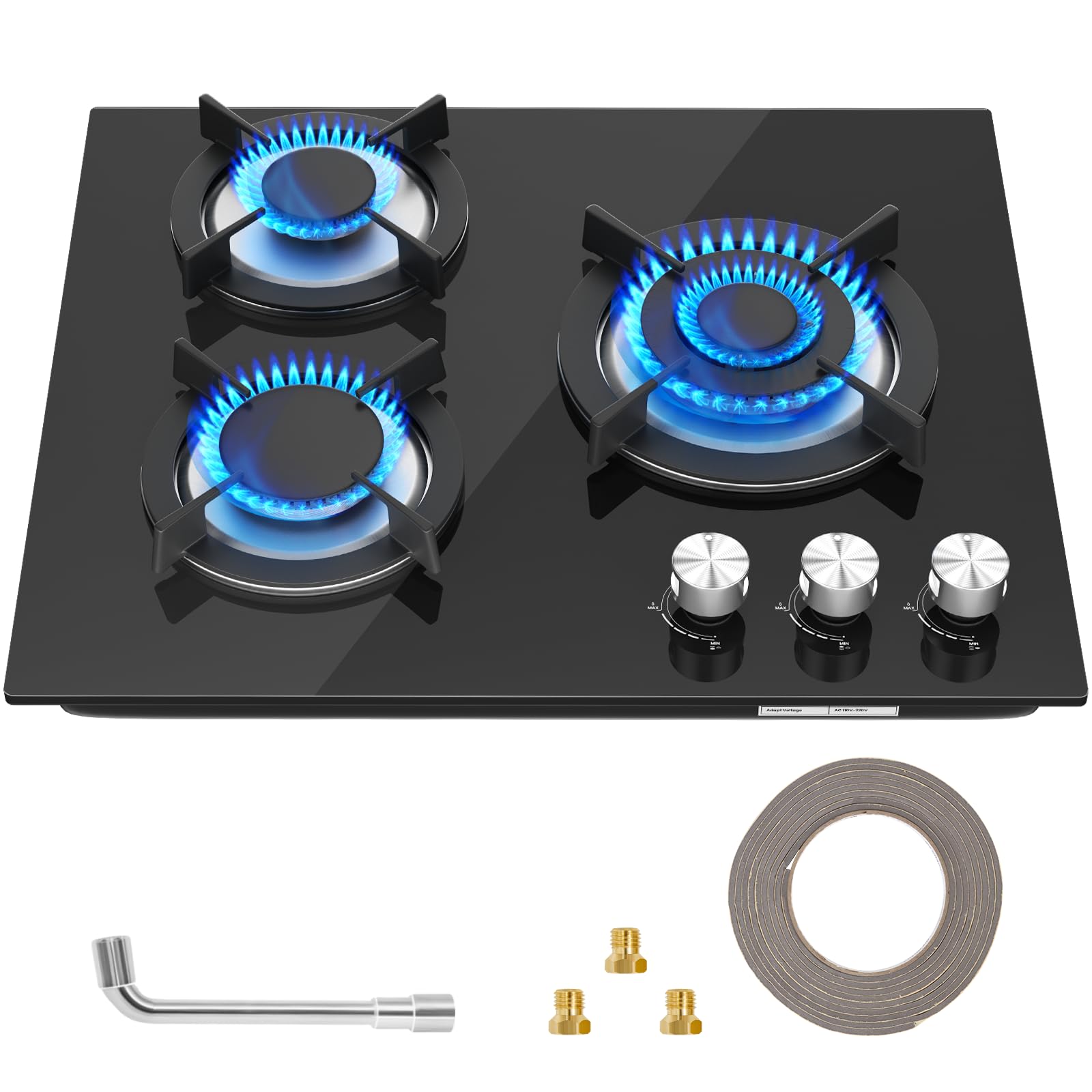 Gas Hob 2 burners, Built in Black Glass Gas Hob with Flame Out Protection,with Cast Iron Supports,NG/LPG Convertible — view 8