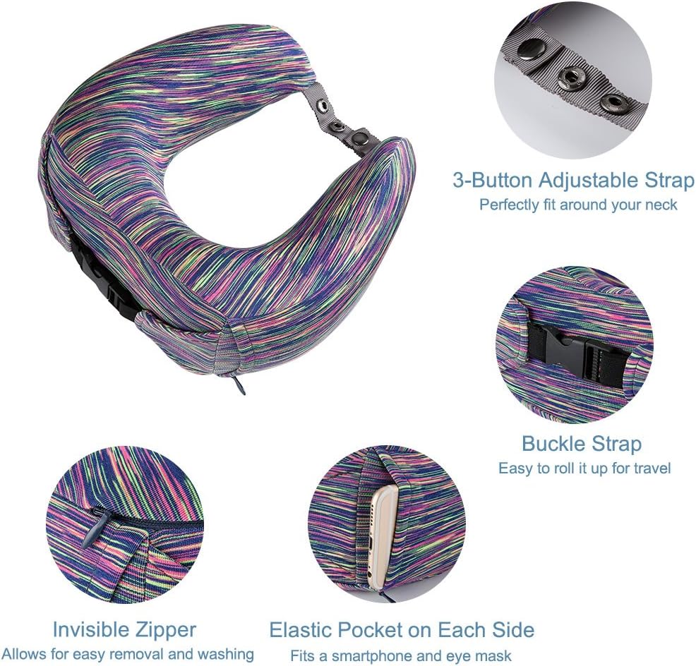 LANGRIA Memory Foam Neck Pillow U-Shape Travel Pillow Ergonomic Contoured Design with Adjustable Neck Size Washable Cover for Plane Train Car Bus Office (Striped Arctic Purple)