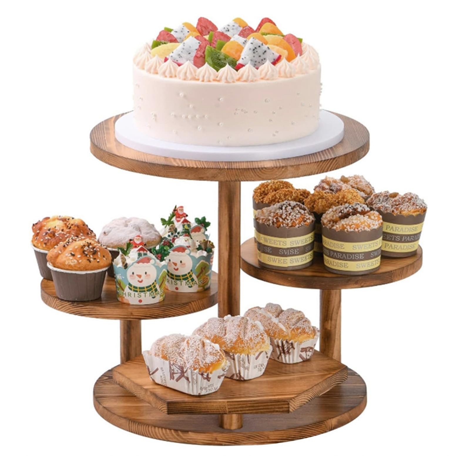 4 Tier Wooden Cupcake Stand, Dessert Cup Cake Tower Stand, Vintage Holder Pastry Display Stand, 12 Inches Tiered Serving Tray for 50 Cupcakes, for Birthday Party Wedding Christmas (Round shape)