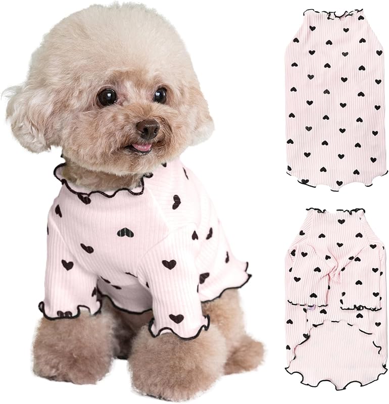 Pet Clothes for Small Dogs Cat Summer Fall Heart Print Shirt Stretchable Ruffle Long Sleeve Outfits for Chihuahua Schnauzer Shih Tzu Yorkie (Pink, Small)