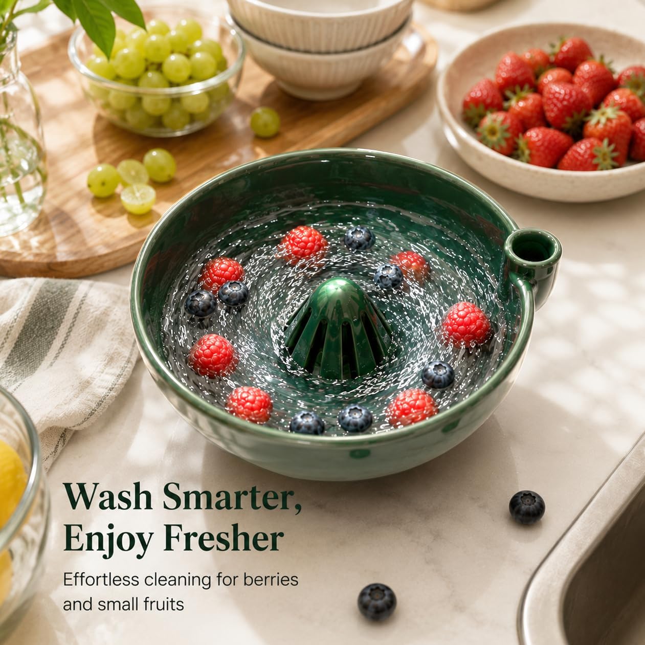 BlinBlin Pottery Berry Bowl – Ceramic Self Rinsing Berry Bowl, Self-Spinning 360 Washer for Blueberries & Small Berries, Handmade Colander with Built-in Drain Holes,Small Berries & Produce