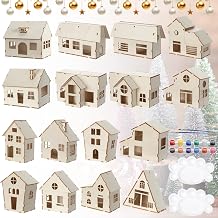 16 Pieces Christmas Village DIY Painting Kit Wooden House Ornaments Unfinished Xmas Wood Village Houses Winter Christmas Painting Desktop Ornament Decoration for Holiday Christmas Party