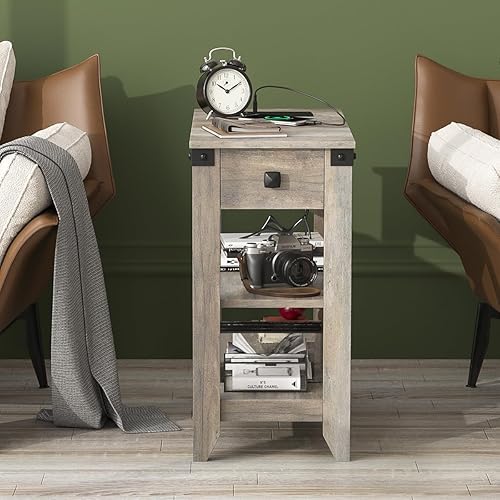 Miniatura 7 de Fameill Juego de 2 mesas auxiliares para sala de estar, mesa auxiliar estrecha con estación de carga, mesita de noche pequeña para espacios gris