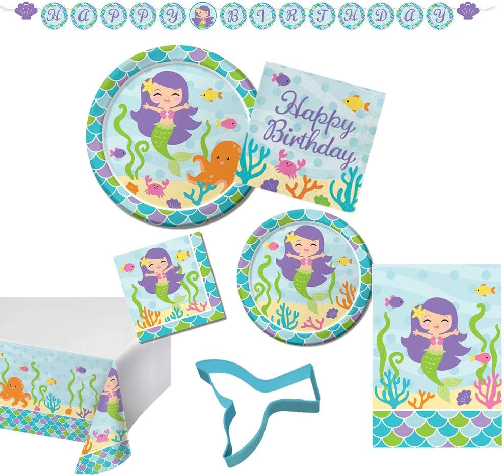 Mermaid Ultimate Disposable Tableware Party Kit, Serves 16, bundle of 9 items: Large and small plates and napkins, happy birthday banner, treat bags, table cover, cupcake cookie cutter