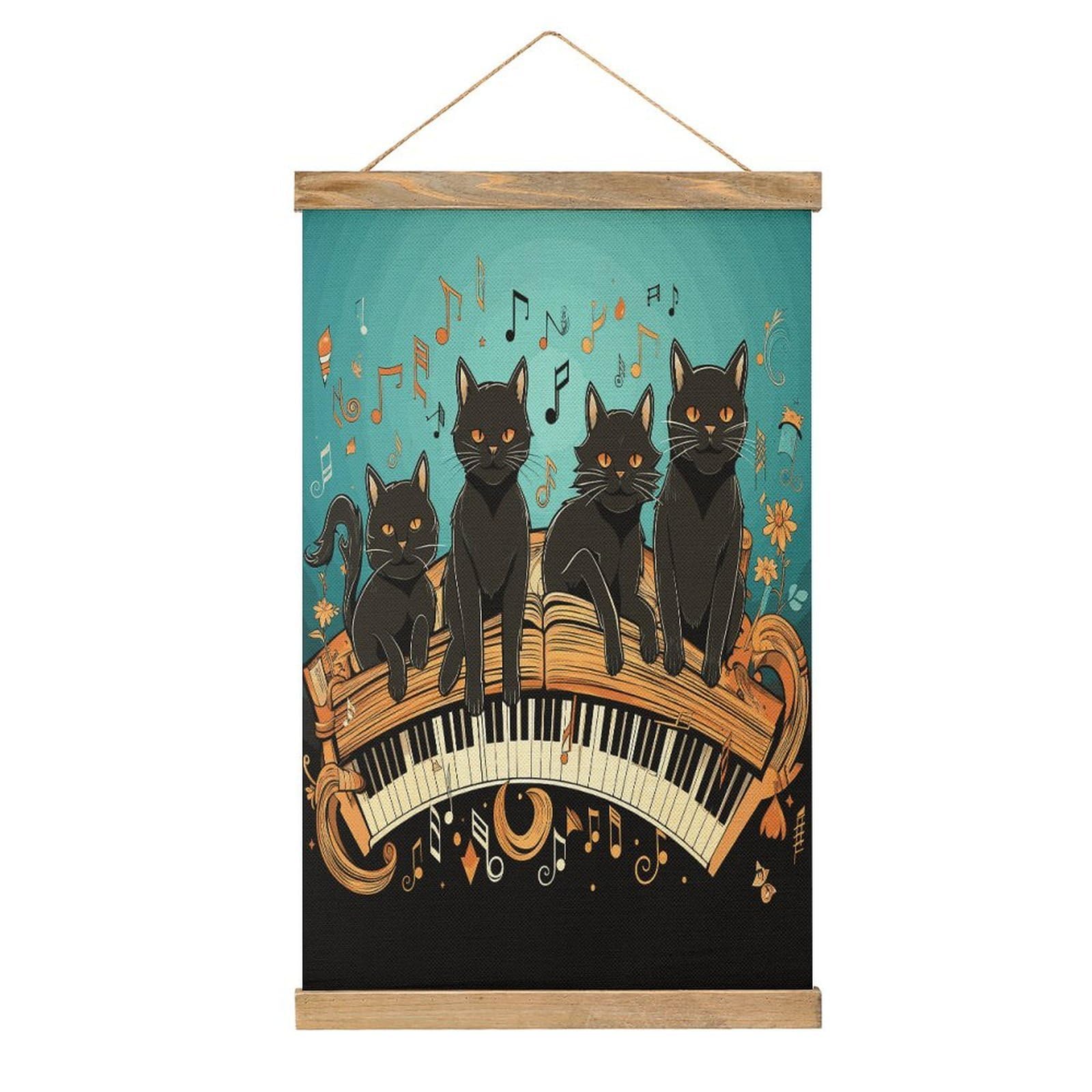 Fekiloot Style Four Black Cats Lying On The Piano Keyboard Wall Art With Hanging,Scroll Painting-Vintage Decorative,Personalized Poster For Living Room Office Bedroom