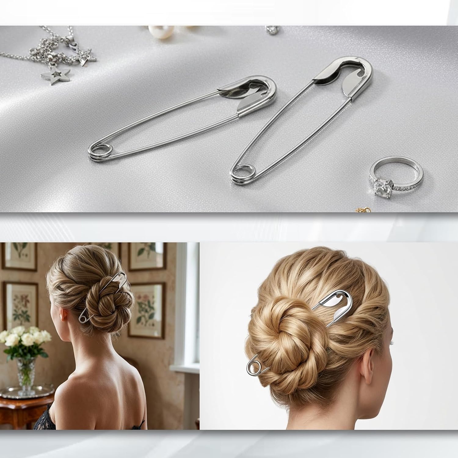 3 Pcs Safety Pin Hair Clip, Metal Hair Pins for Women Giant Pin Shape Design Stick French Style Hairs Stick Clips for Vintage Hairstyle Accessories