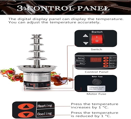 Miniatura 3 de Fuente de chocolate comercial, juego de fondue de chocolate, 4567 niveles de acero inoxidable Fondue controles de calor y motor, para equipo de bufé