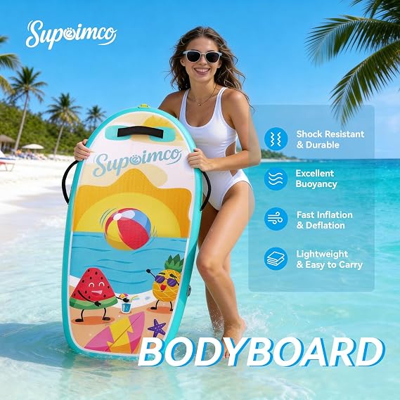 Inflatable Boogie Board, Bodyboard - Lightweight PVC Core Boogie Boards for Beach & Pool, Foldable with Wrist Straps, Ideal Surfing Gear for Teens and Adults