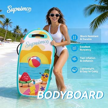 Inflatable Boogie Board, Bodyboard - Lightweight PVC Core Boogie Boards for Beach & Pool, Foldable with Wrist Straps, Ideal Surfing Gear for Teens and Adults