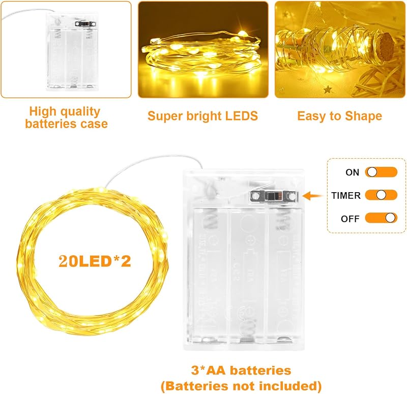 cshare 2 db Elemes Tündérfény Időzítővel - 2m 20 LED Meleg Fehér Rézhuzalos Fényfüzér - IP65 Vízálló Dekoráció Szobába, Kertbe, Karácsonyi D