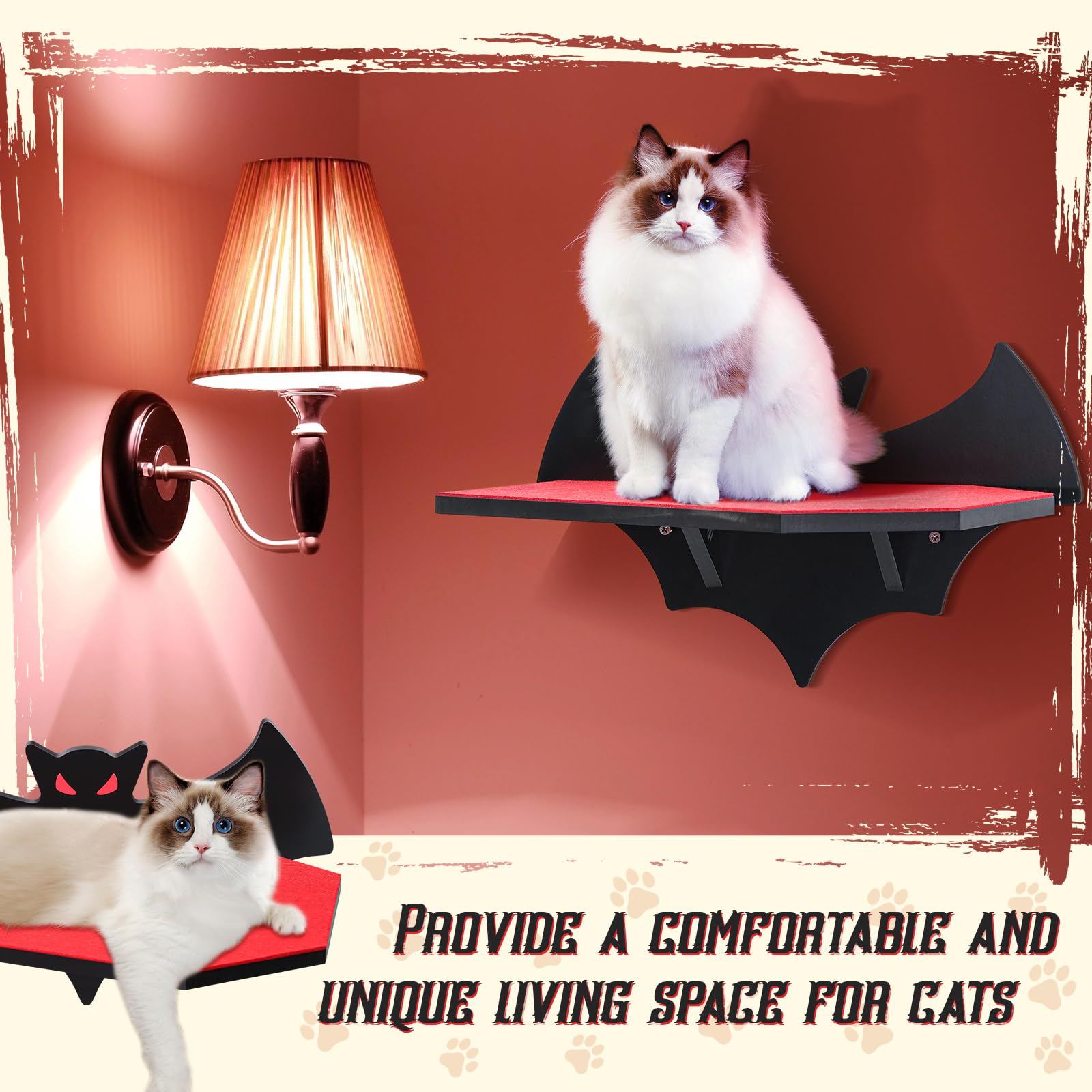 Gemscream Estantes de montaje en pared para gatos, estante flotante de murciélago gótico con cama de ataúd, pared para gatos, árbol de carga de hasta 30 libras/14 kg, árbol de gato negro para montaje
