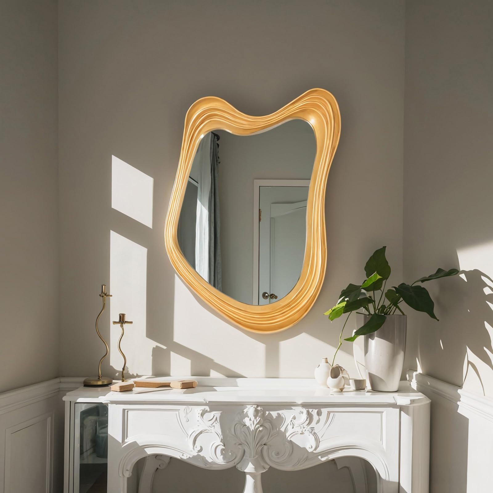 Hosoncovy Irregular Frame Wall Hanging Mirror Decorative Mirror Makeup Vanity Mirror for Bathroom Living Room Bedroom Home Decoration (B)