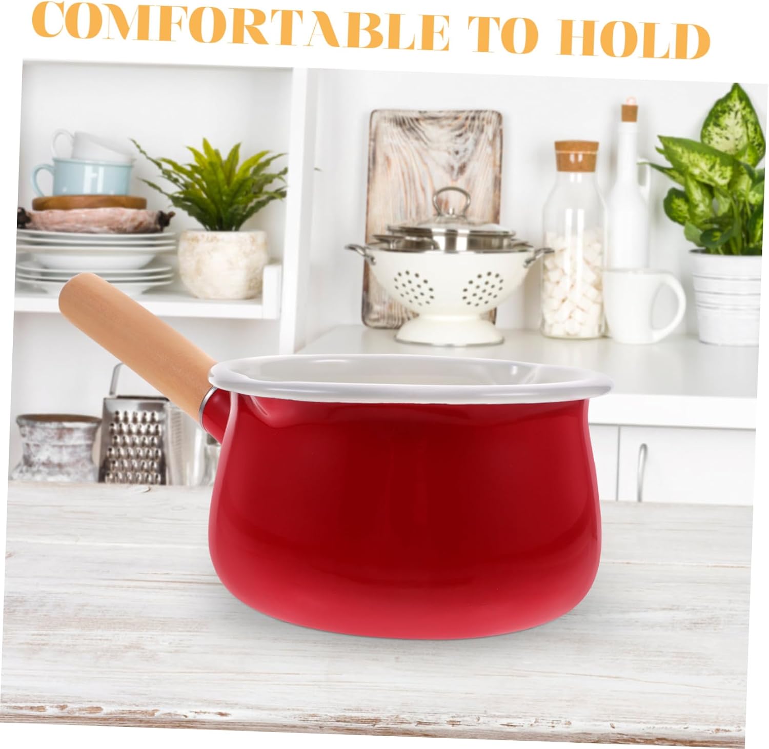 Cabilock Household Enamel Milk Pot Scalding Small Saucepan with Long Handle Non Porous Heat Resistant Cooking Pot for Induction Electric and Stoves for Soups