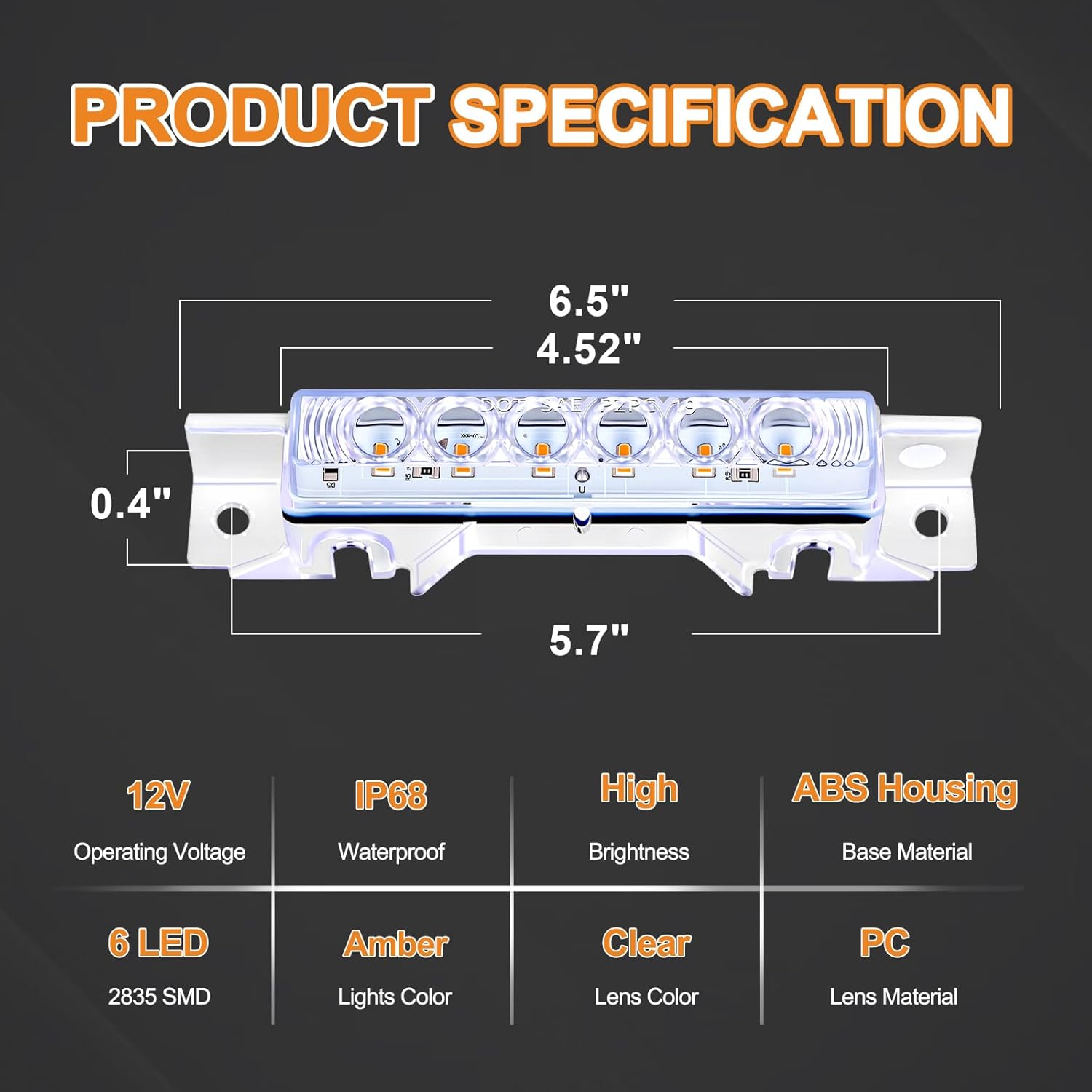5-Pack 6LED Amber Cab Marker Roof Lights Clear Lens Waterproof for Volvo VNL 2003-2020 Trucks
