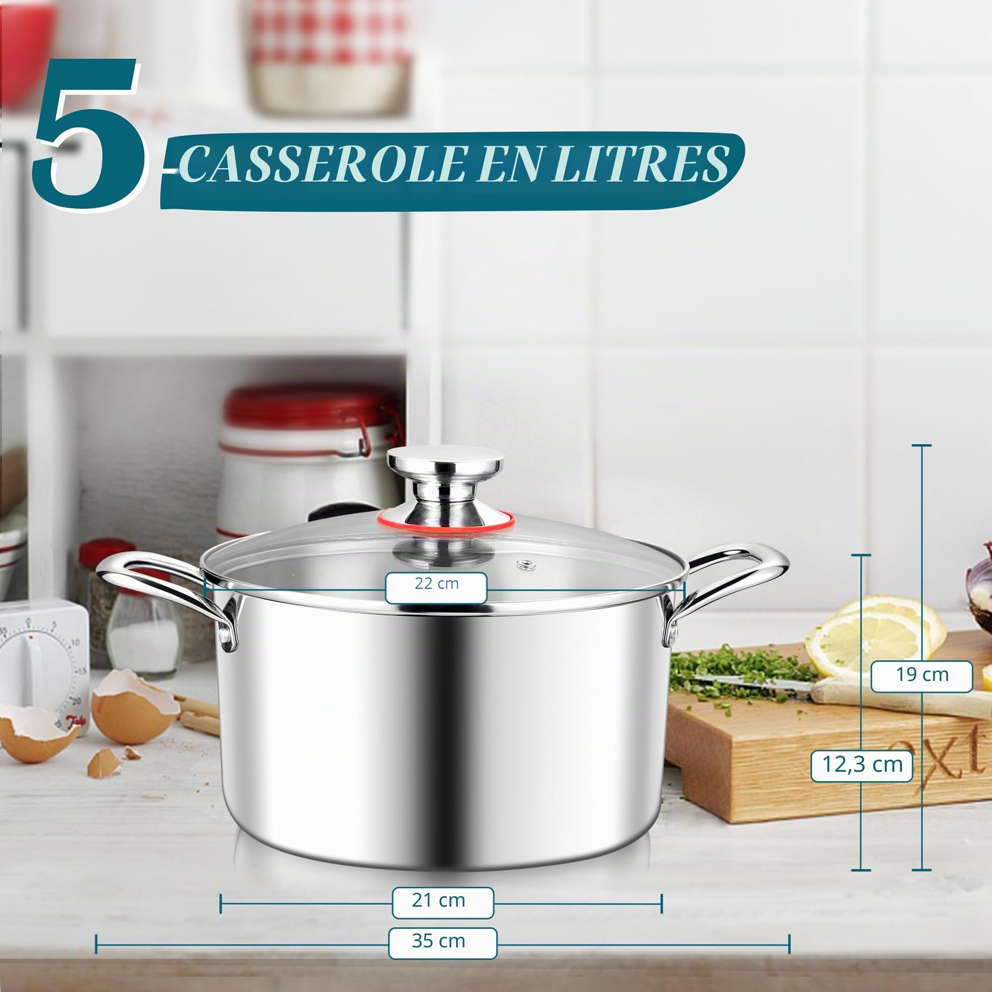 Joyfair Faitout 22 cm acier inoxydable 3 couches, casserole induction 5 l, convient tous feux, passe lave-vaisselle