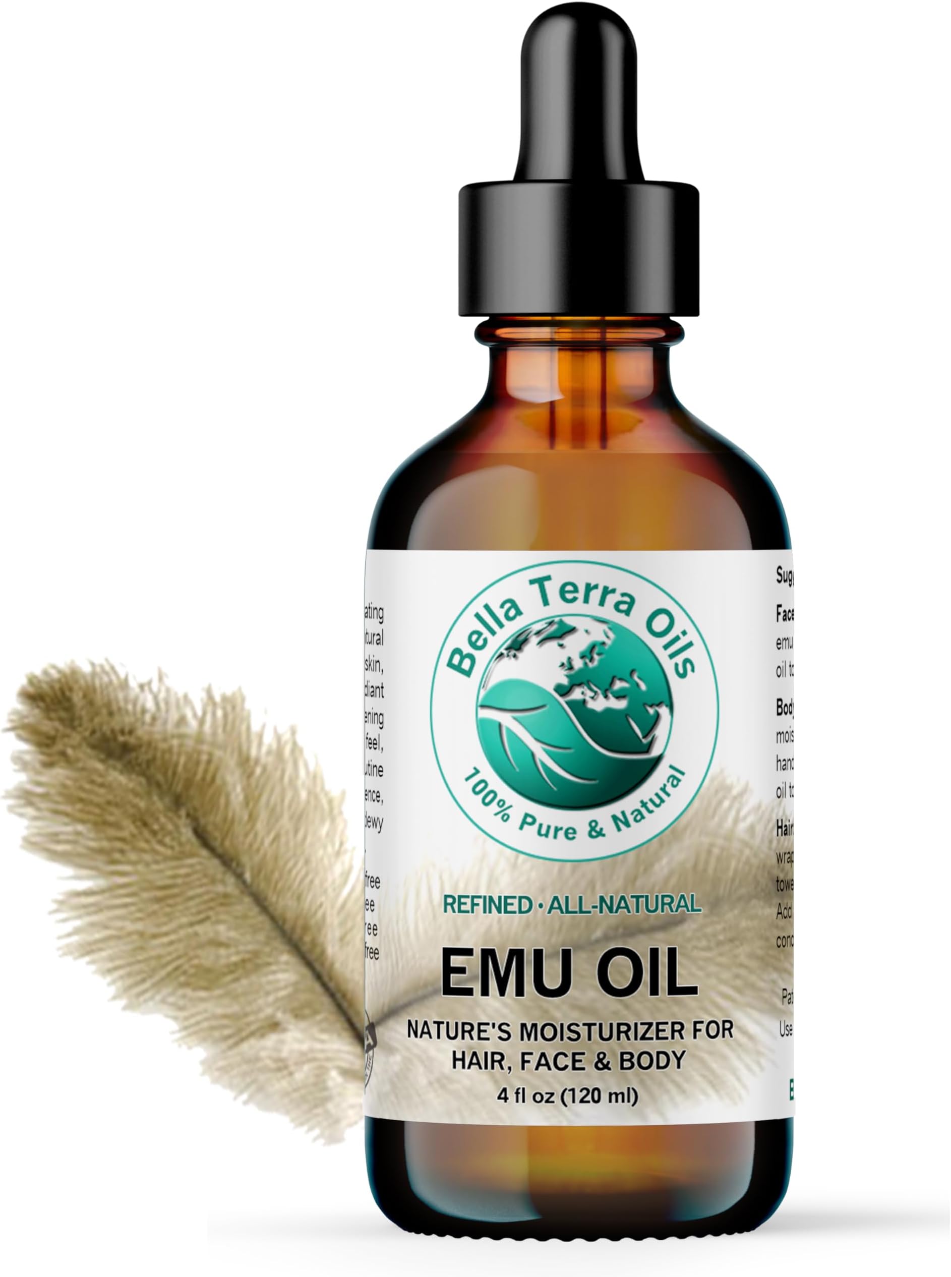Bella Terra Oils - Emu Oil 4 oz - Genuine Pure Australian Emu, Infused with Linoleic & Oleic Acid, Perfect Companion for Lustrous Skin
