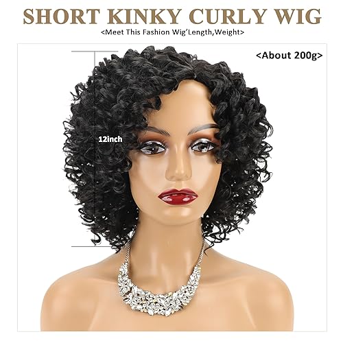 Miniatura 2 de XIUFAXIRUSI XIUFAXIRUSI Pelucas negras cortas y rizadas para mujeres negras, peluca afro rizada con flequillo lateral, peluca de pelo completo