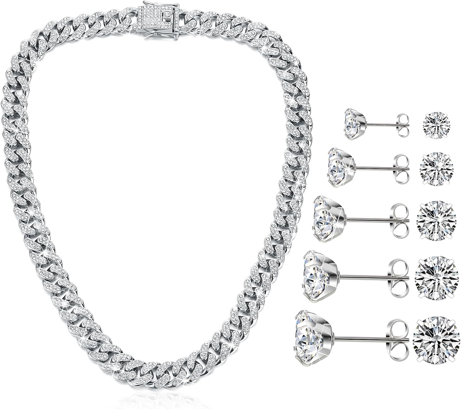 Batiyeer 6 Pcs Hip Hop Cuban Jewelry Set 13mm Diamond Cuban Link Necklace Stud Earrings for Women Men Fake Jewelry Gift(16 Inch)