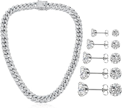 Batiyeer 6 Pcs Hip Hop Cuban Jewelry Set 13mm Diamond Cuban Link Necklace Stud Earrings for Women Men Fake Jewelry Gift18 Inch