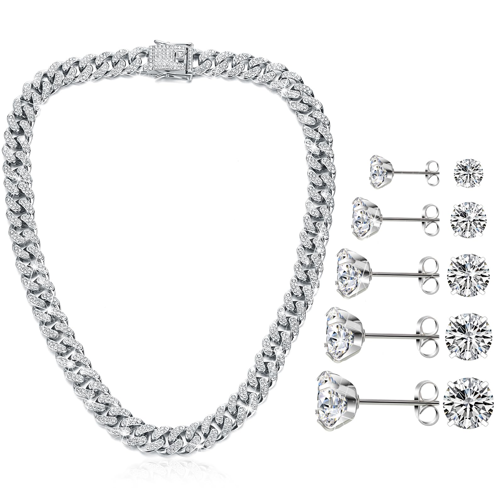 Batiyeer 6 Pcs Hip Hop Cuban Jewelry Set 13mm Diamond Cuban Link Necklace Stud Earrings for Women Men Fake Jewelry Gift(18 Inch)