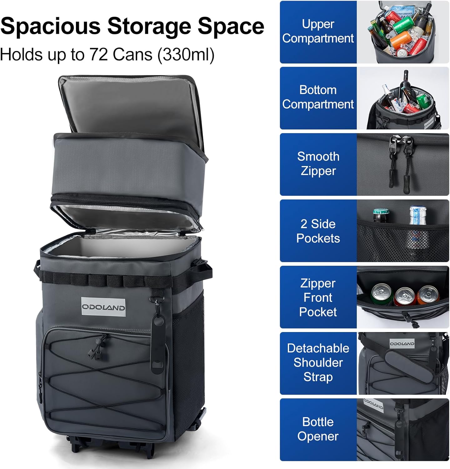 Odoland 48/72 Can Rolling Cooler Bag with Wheels & Handle, Collapsible Insulated Ice Chest for Beach, Camping & Tailgating - Portable Travel Soft Cooler on Wheels, Collapses for Easy Storage