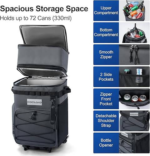 Miniatura 2 de Odoland Enfriador suave de 4872 latas con ruedas y asa, hielera plegable con ruedas para playa, camping, viajes y picnic