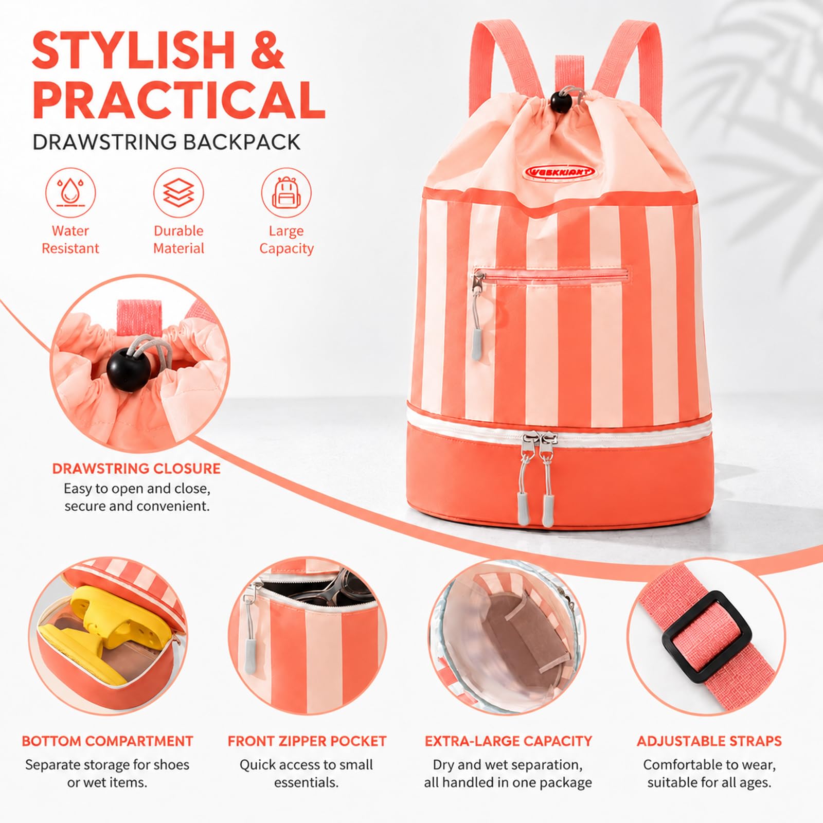 dellyy Mochila de Natación para Niños, Mochila Piscina Niña Impermeable con Compartimento para Zapatos, Bolsa de Natación für Pool, Strand und Reisen (Polvo de naranja)