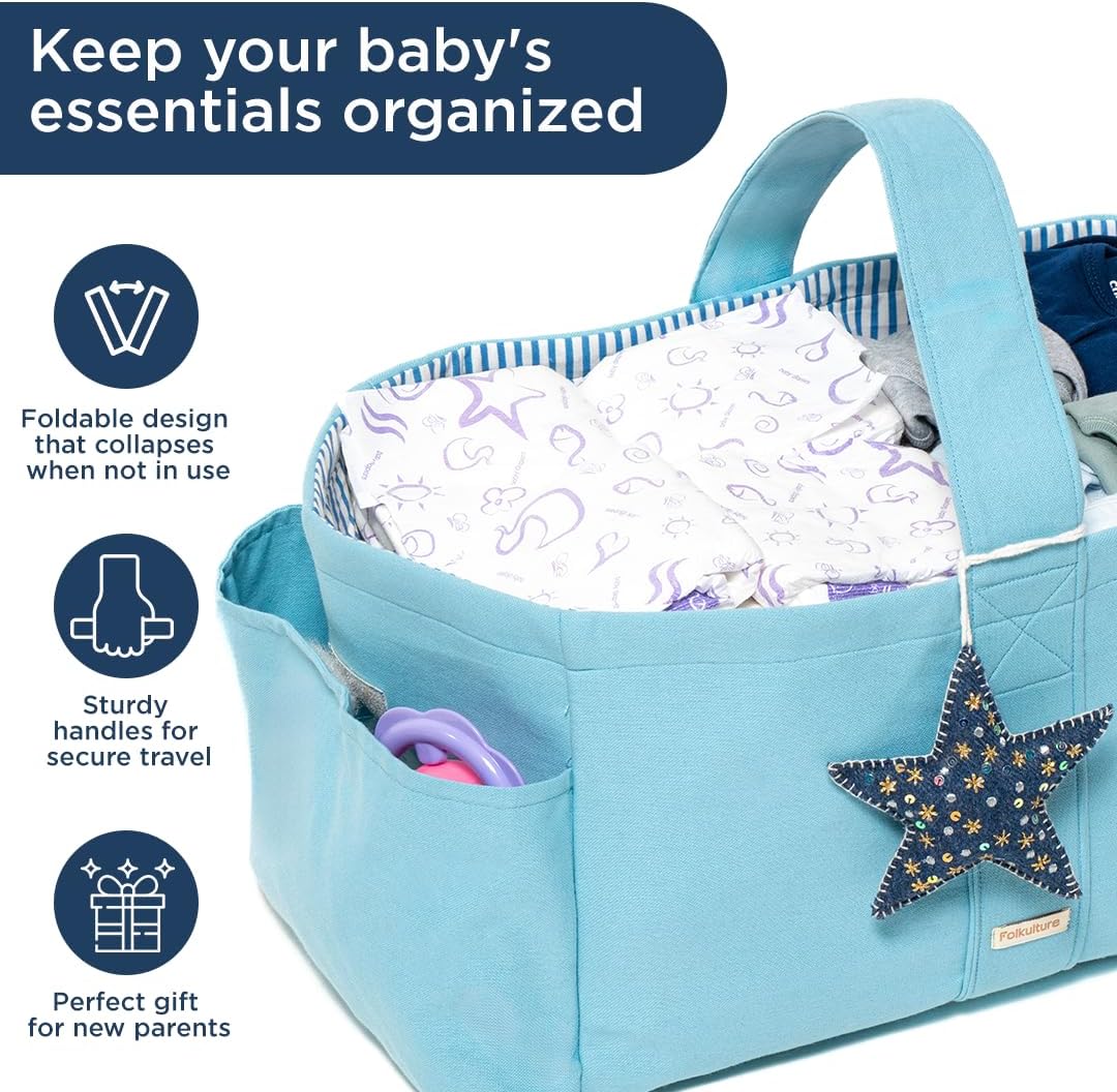 Folkulture Baby Diaper Caddy | Cotton Diaper Bag for Kids - Stylish Comfort Spacious Travel Essential Cart | Nursery Storage Bin and Car Organizer for Diapers, Wipes (Sky Blue - 15")