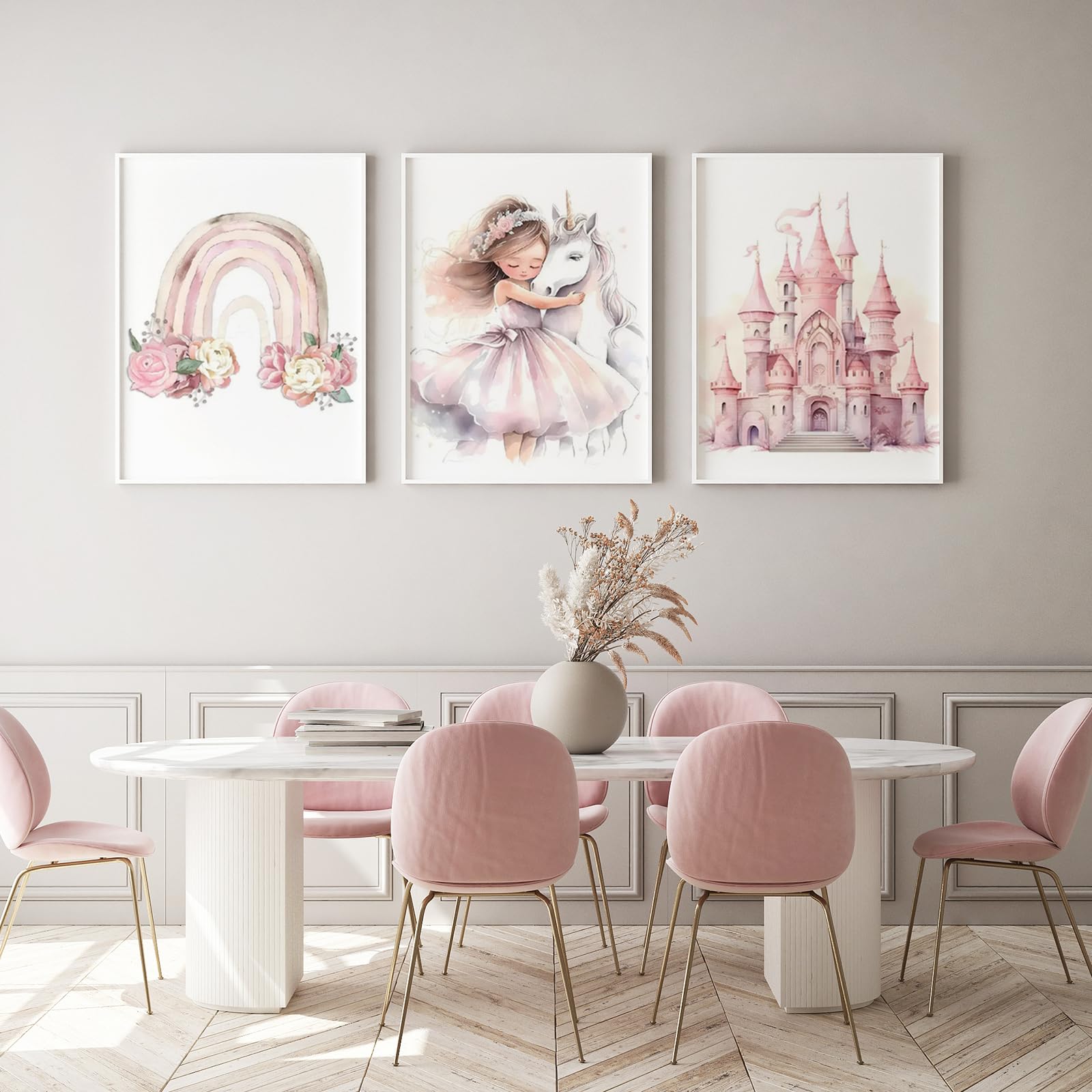 Zamety Poster da Parete Ragazza, Quadro Camera da Letto 30×40cm, Set di 3 Poster Arcobaleno Unicorno Principessa e Castello, Stampe da Parete Adatto per Camerette per Bambine, Senza Cornice