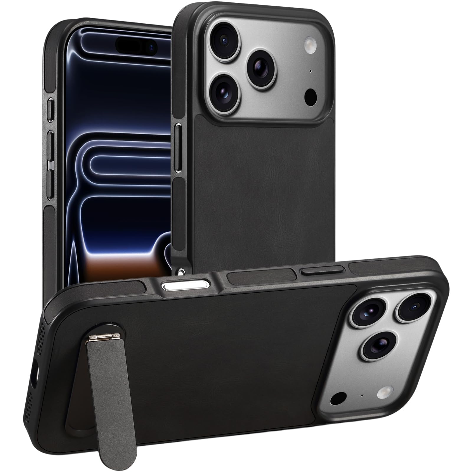 Funda de Cuero PU Vintage para iPhone 17 Pro, Carcasa con Soporte Plegable y Anillo Magnético Integrado, Diseño Delgado Anti-Choque, Agarre Cómodo, Negro