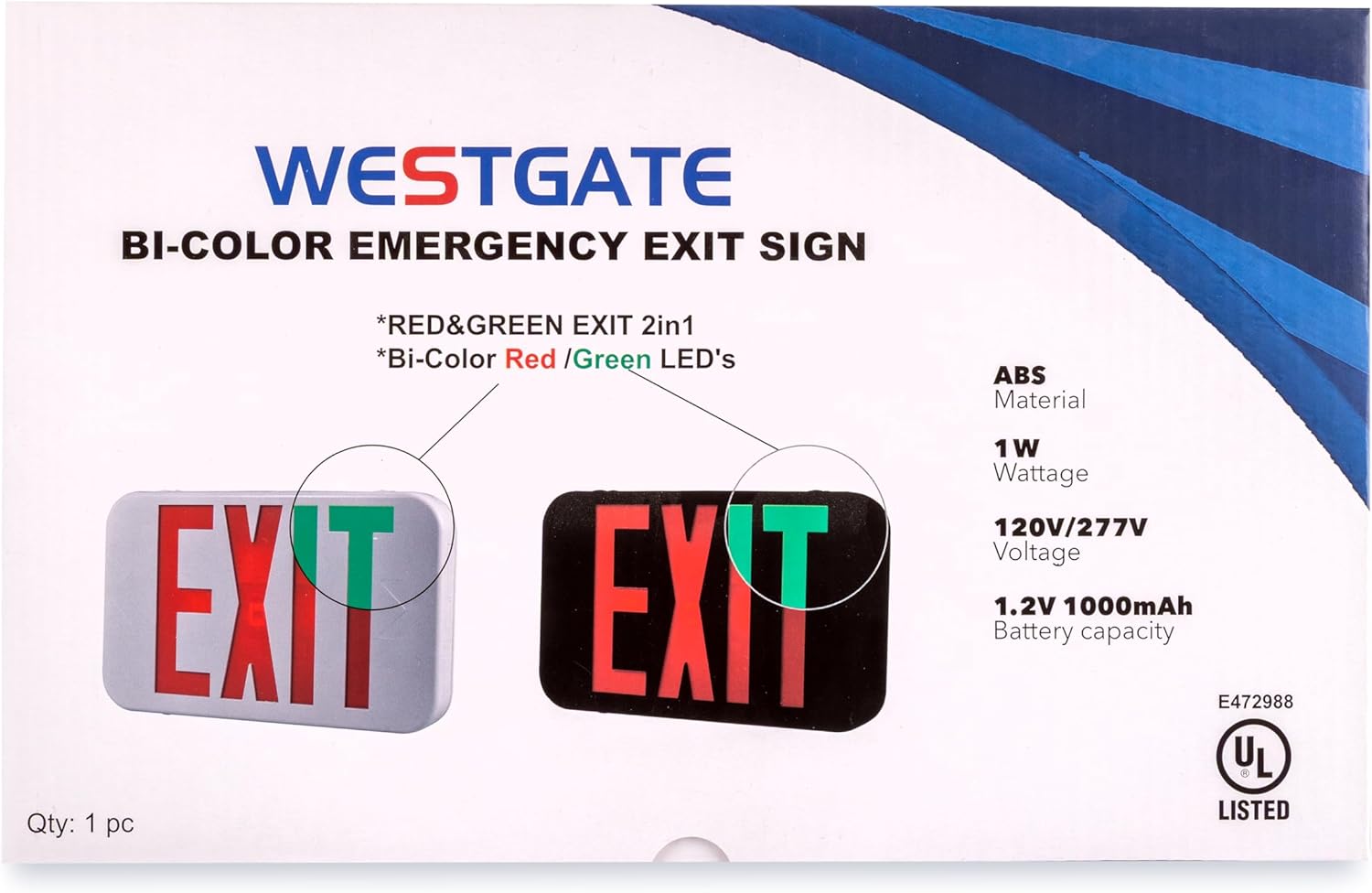 Westgate XTU-RG-EM LED Sign Exit Sign, Injection-Molded ABS Housing with Polycarbonate Cover, Dual Voltage 120/277VAC, 1W, Red/Green, Universal Mounting, 90 Min Emergency Battery, 3-Year Warranty