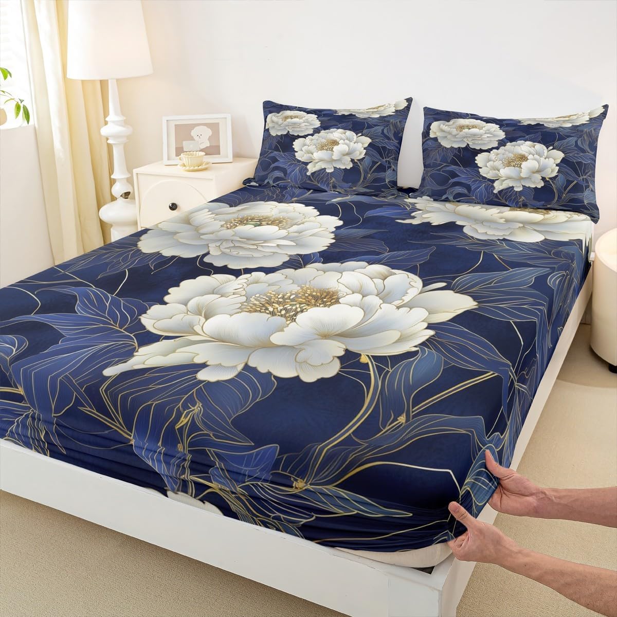jejeloiu Navy Blue White Flower Sheet Set Queen Size Elegnat Floral Bed Sheets for Adult Romantic Bed Set Flower Plants Sheets 4Pcs,1 Fitted Sheet+2 Pillow Sham+1 Flat Sheet