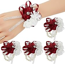Meldel 4pcs Burgundy Wrist Corsage for Wedding, Rose Wine Red Corsages Set for Prom Bridal Bridesmaid Girl Women Mother Rose Hand Flower, Wrist Flower for Ceremony Anniversary, Party, Homecoming