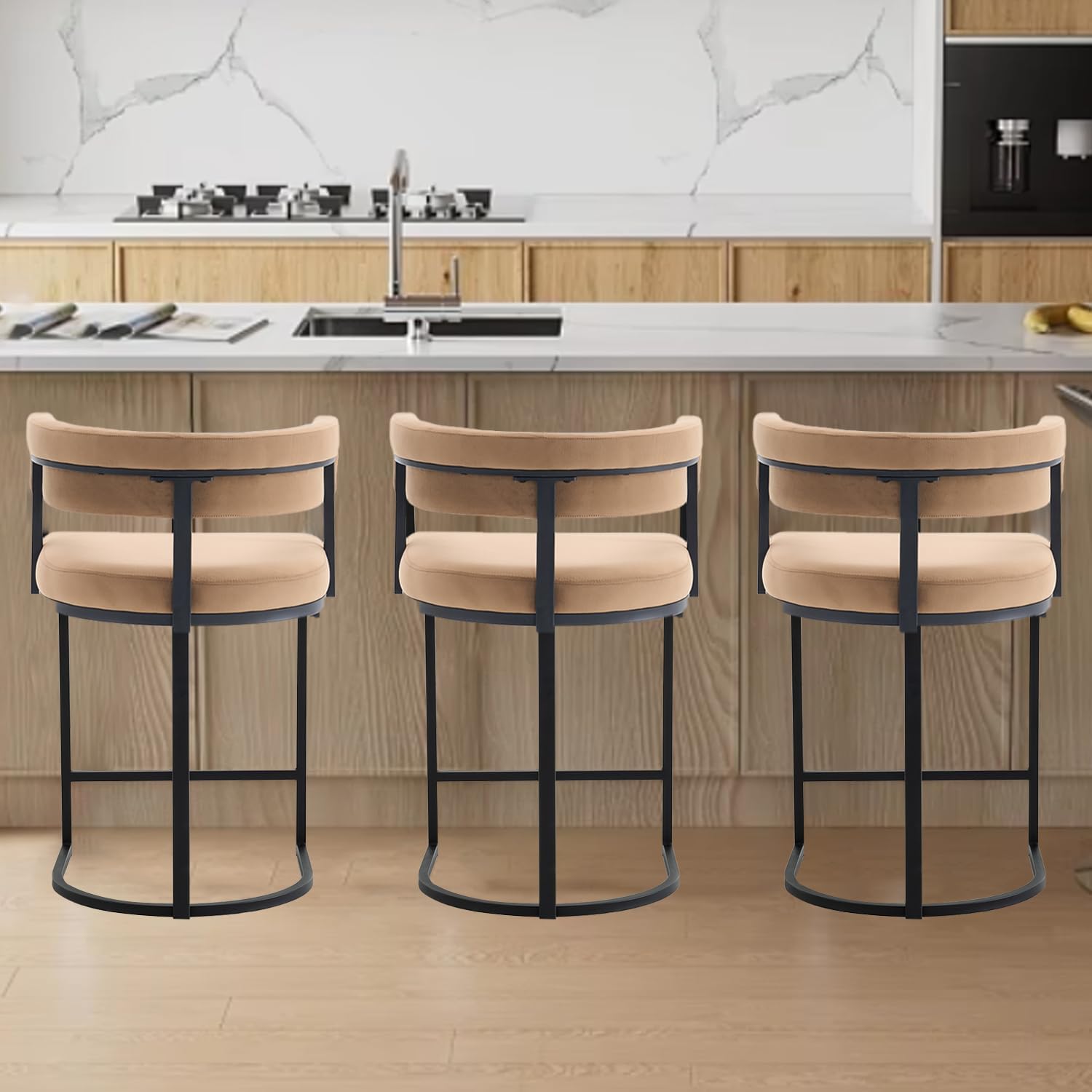 Bar Stools Set of 3 for Kitchen Counter, 26" Bar Chairs with Back, Modern Height Island Barstools, Upholstered Breakfast Stools for Dining Room, Cafe, Kitchen Island, Comfy, Brown