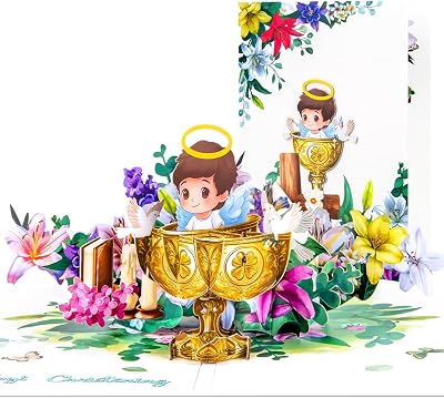 Religious Baptism Pop Up Card for Boys, Christening Pop Up Greeting Card, with Fowers, Doves, Chalice, Includes Envelope.