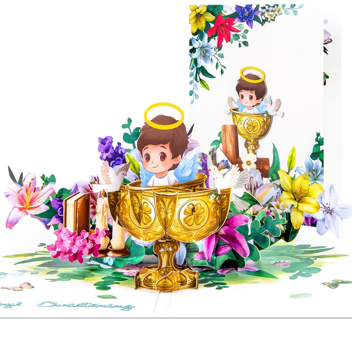 CNLITIHEKA Religious Baptism Pop Up Card for Boys, Christening Pop Up Greeting Card Baby, with Fowers, Doves, Chalice, Includes Envelope. — image 1