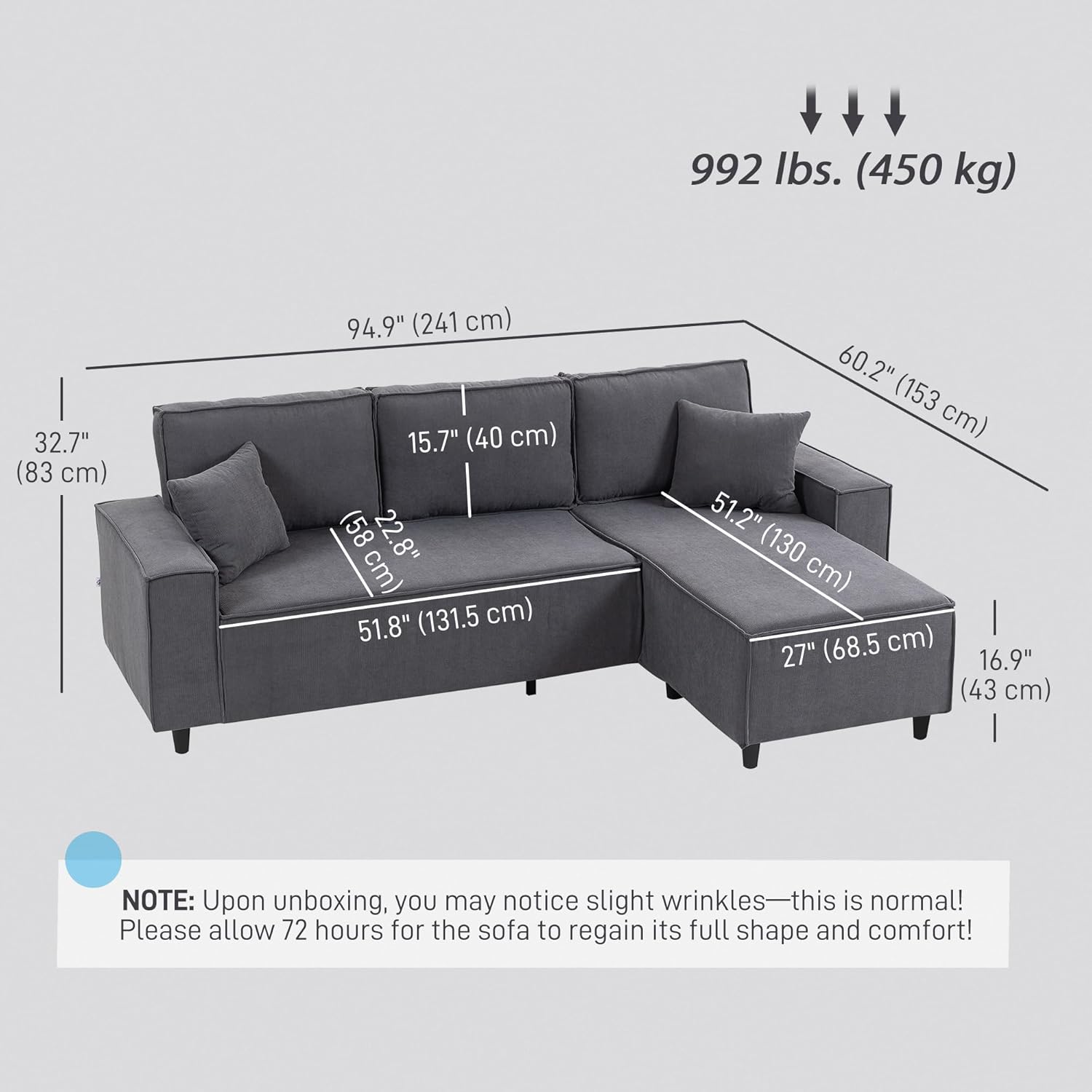 Diagram showing sofa dimensions