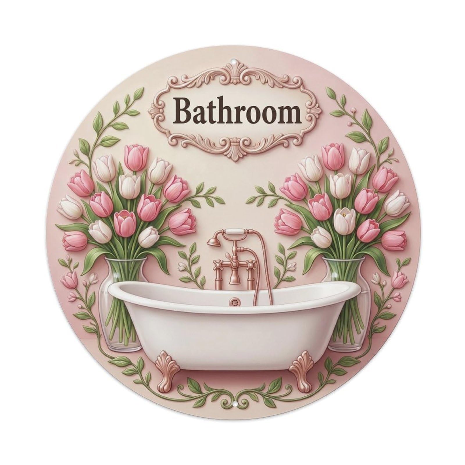 Yrnq Vintage Style Bathroom Tulip Floral Round Decor 2 Vintage Metal Tin Sign Plaque Wall Decor For Cafe, Club, Garden Round Metal Poster 8X8inch