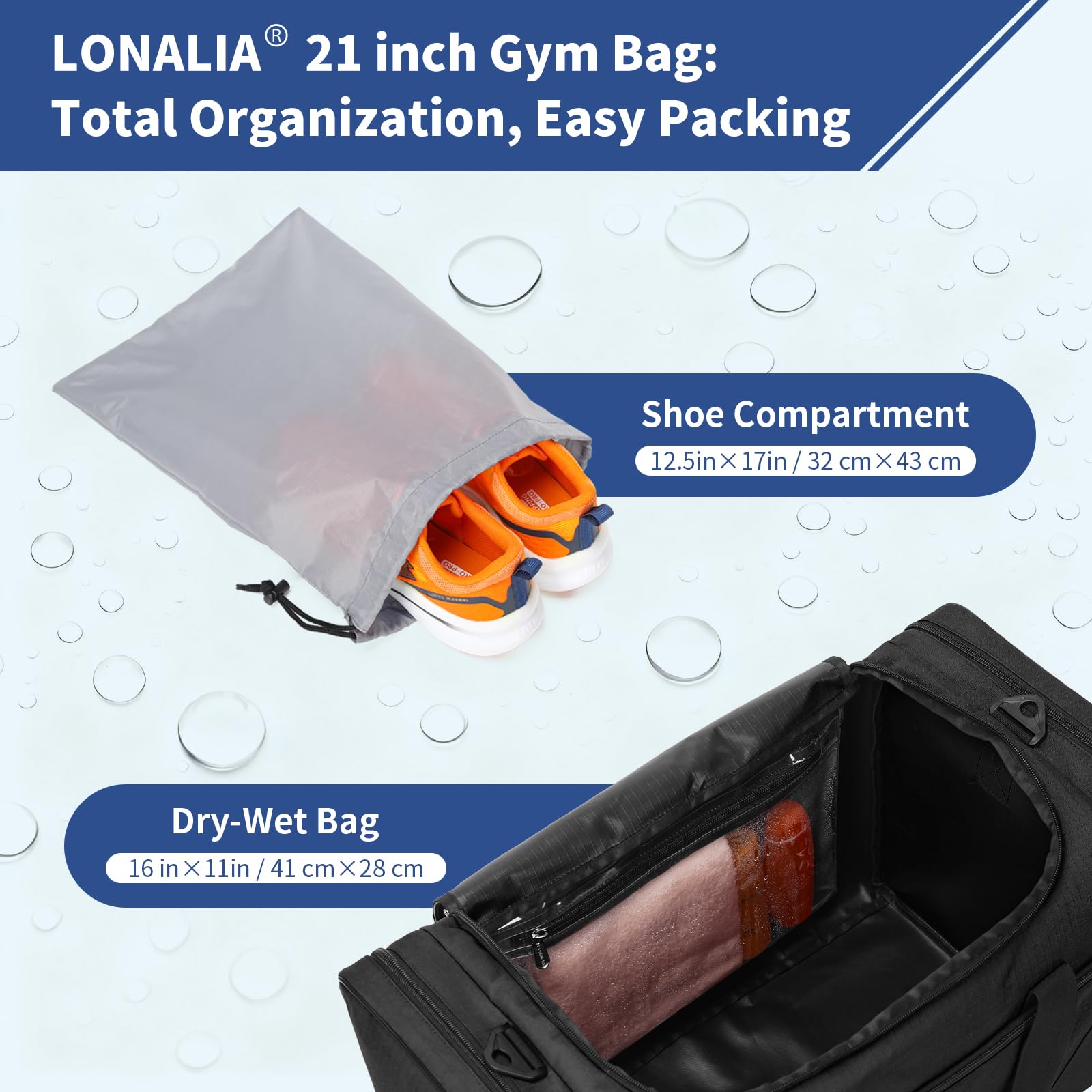 Sac de Sport 45L avec Poche Humide et Compartiment à Chaussures - 53 * 28 * 30.5 cm Sac de Voyage avec Multi Poches et Un Pochette à Chaussures pour Sport, Weekend - Noir - 5