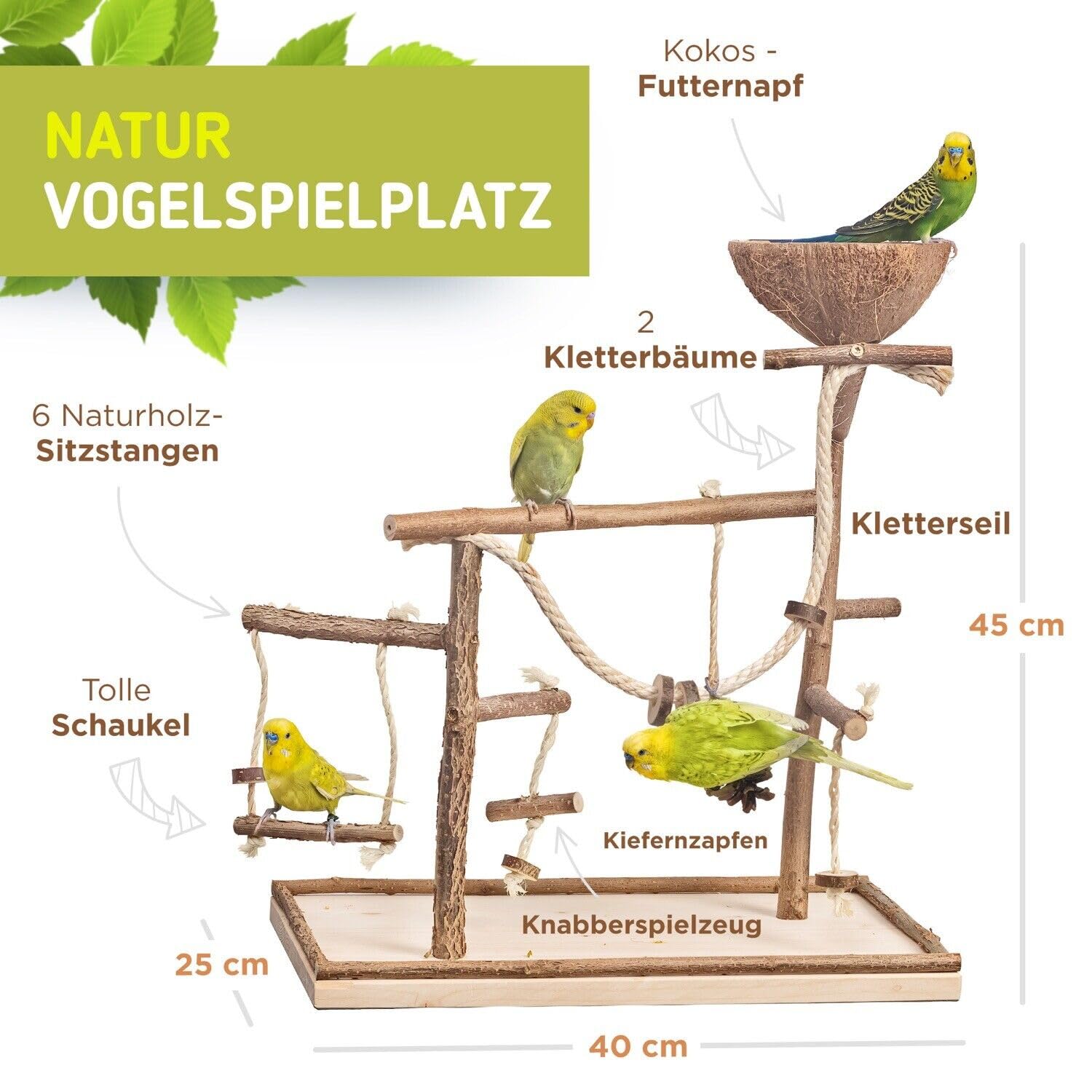 Vogelgaleria® Luxus Vogelspielplatz aus Natur Holz mit Abnehmbarer Futterschale | Ideales Spielzeug bei Freiflug für Wellensittich Nymphensittich | Vogelspielzeug